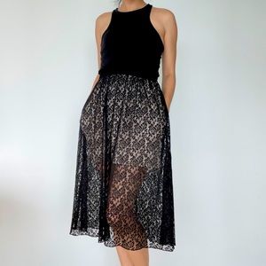 Lace midi skirt with nude mini underskirt